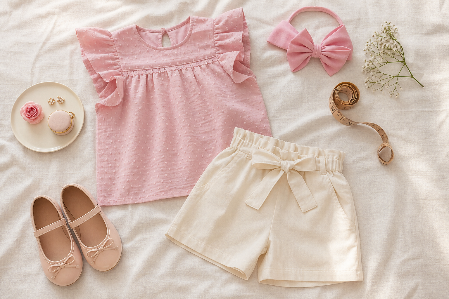 Detalhes de roupa infantil feminina, short, blusa, sapatilha, laço e fita métrica para escolher tamanho com conforto