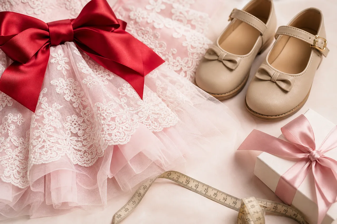 Detalhes de look infantil feminino para festa com laço vermelho, tecido delicado, sapatos e fita métrica