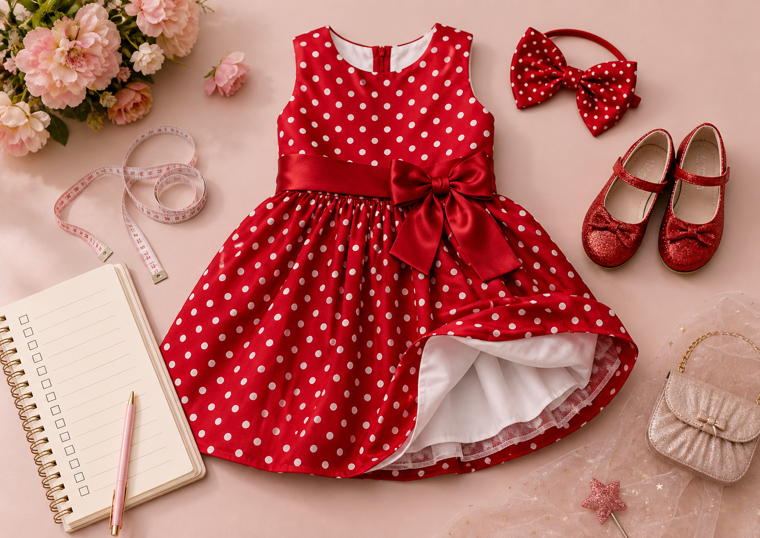 Vestido infantil vermelho com fita métrica, laço, sapatos e acessórios para conferir tamanho e conforto