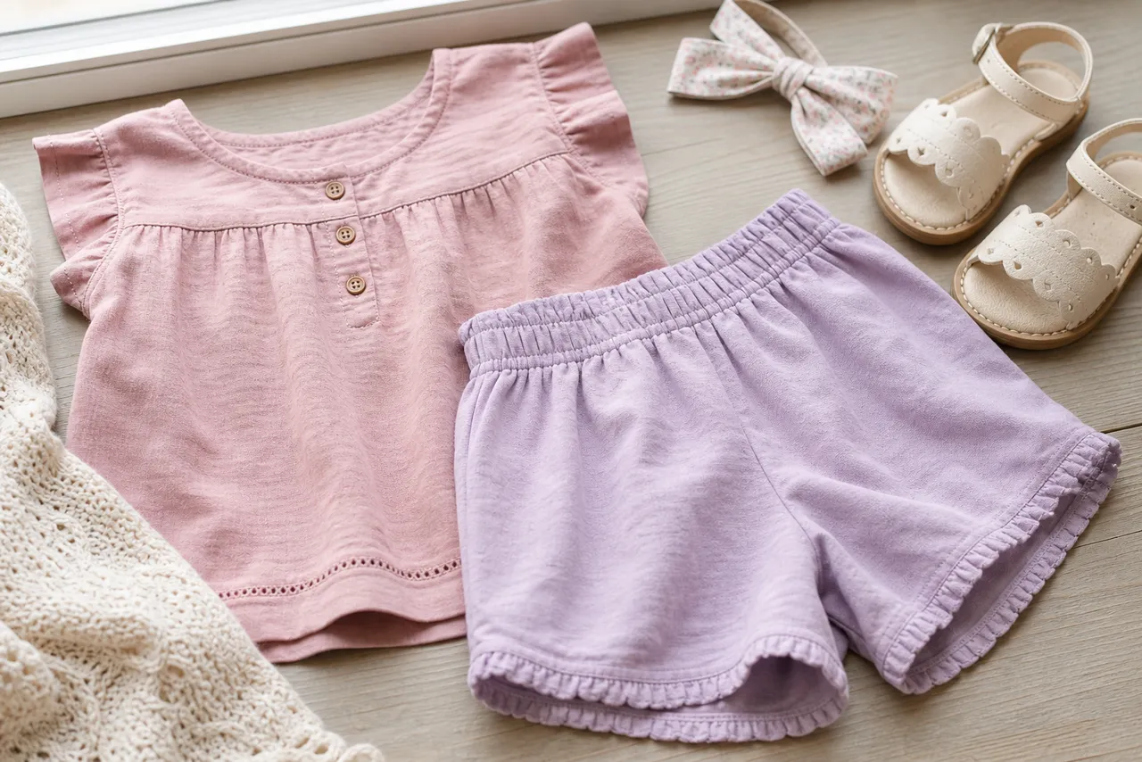 Detalhes de tecido macio, elástico e costuras de conjunto infantil feminino confortável