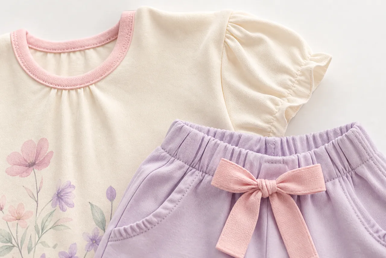 Detalhes de tecido, elástico confortável, laço e costuras de conjunto infantil feminino para passeio