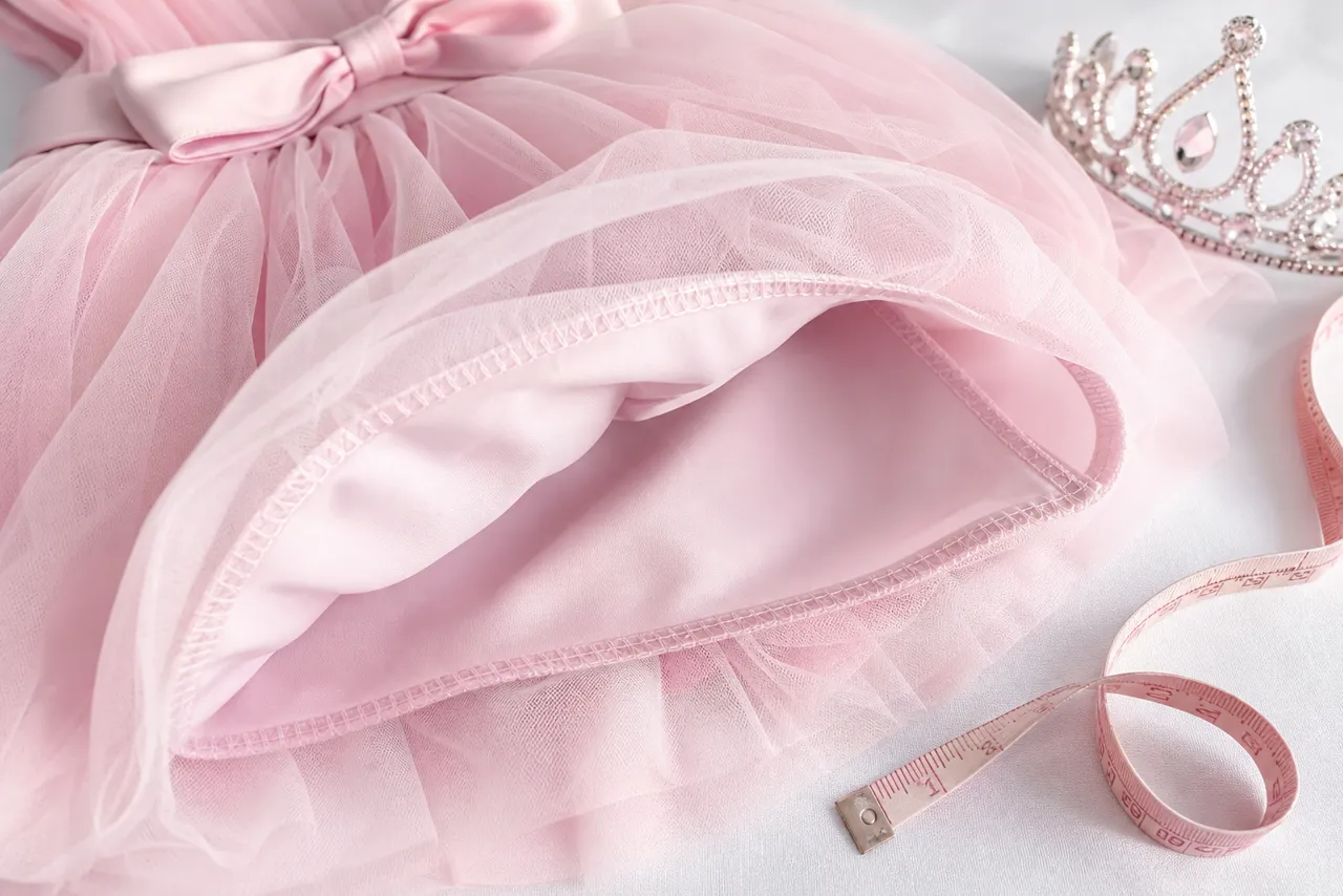 Detalhes de tule, forro, costura, laço e fita métrica de vestido infantil para festa confortável