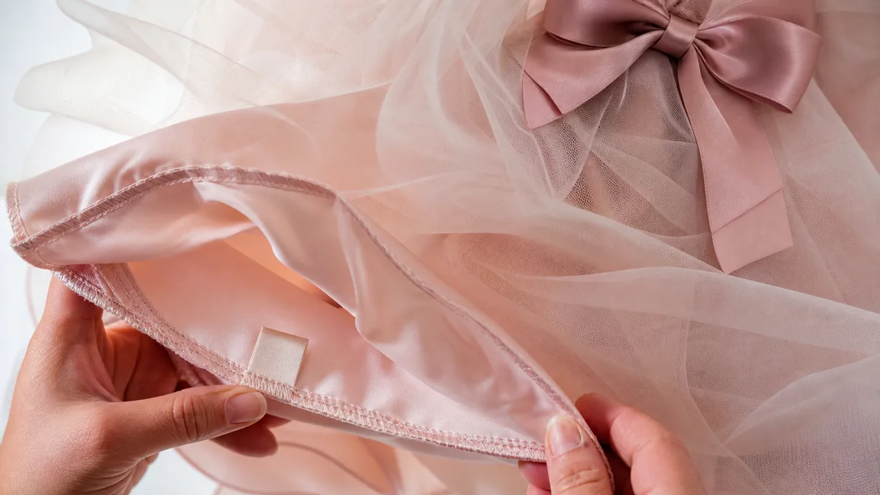 Detalhes de tule, forro, laço e costura confortável de vestido infantil para festa