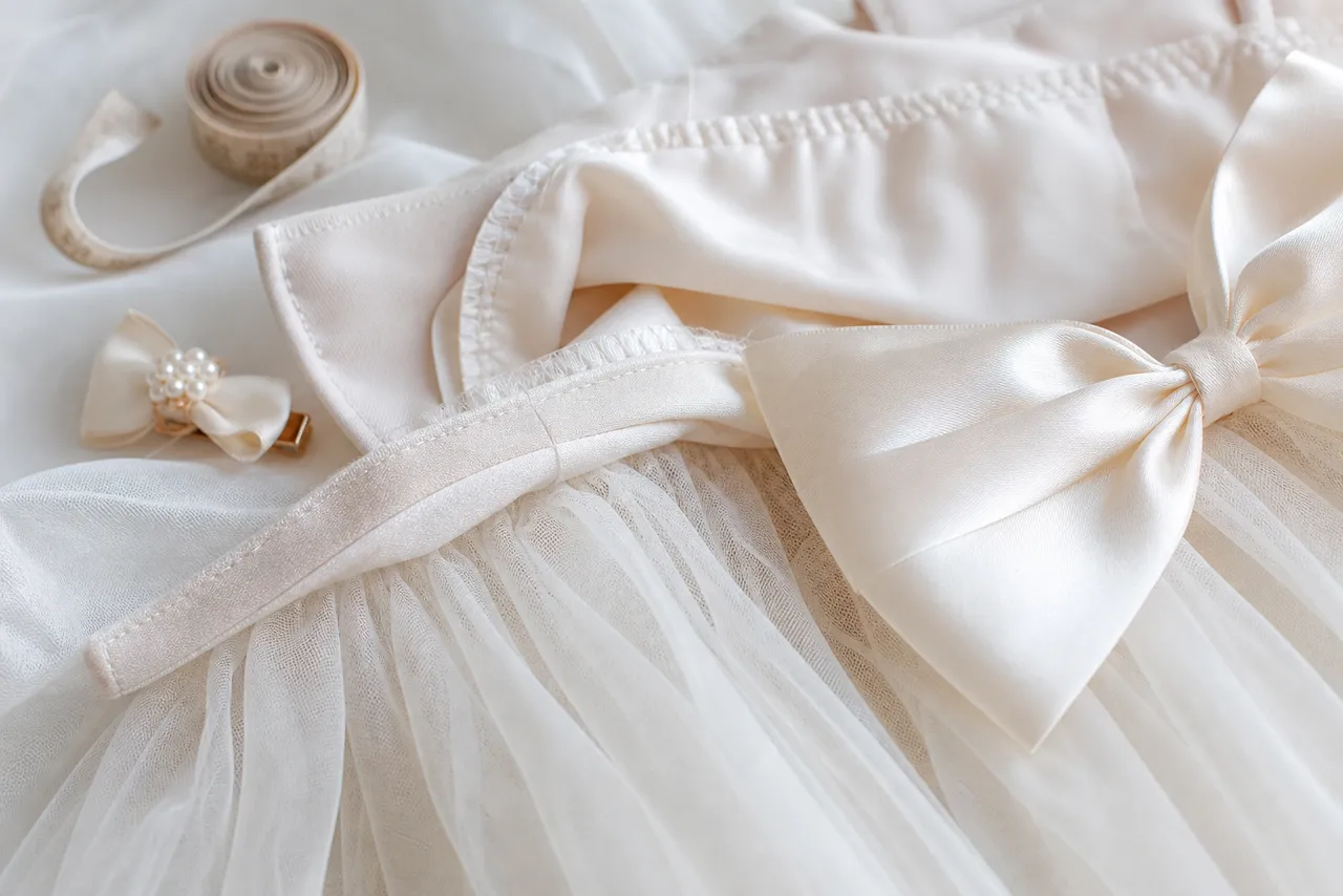 Detalhes de tule, forro, laço e costura confortável de vestido infantil para festa