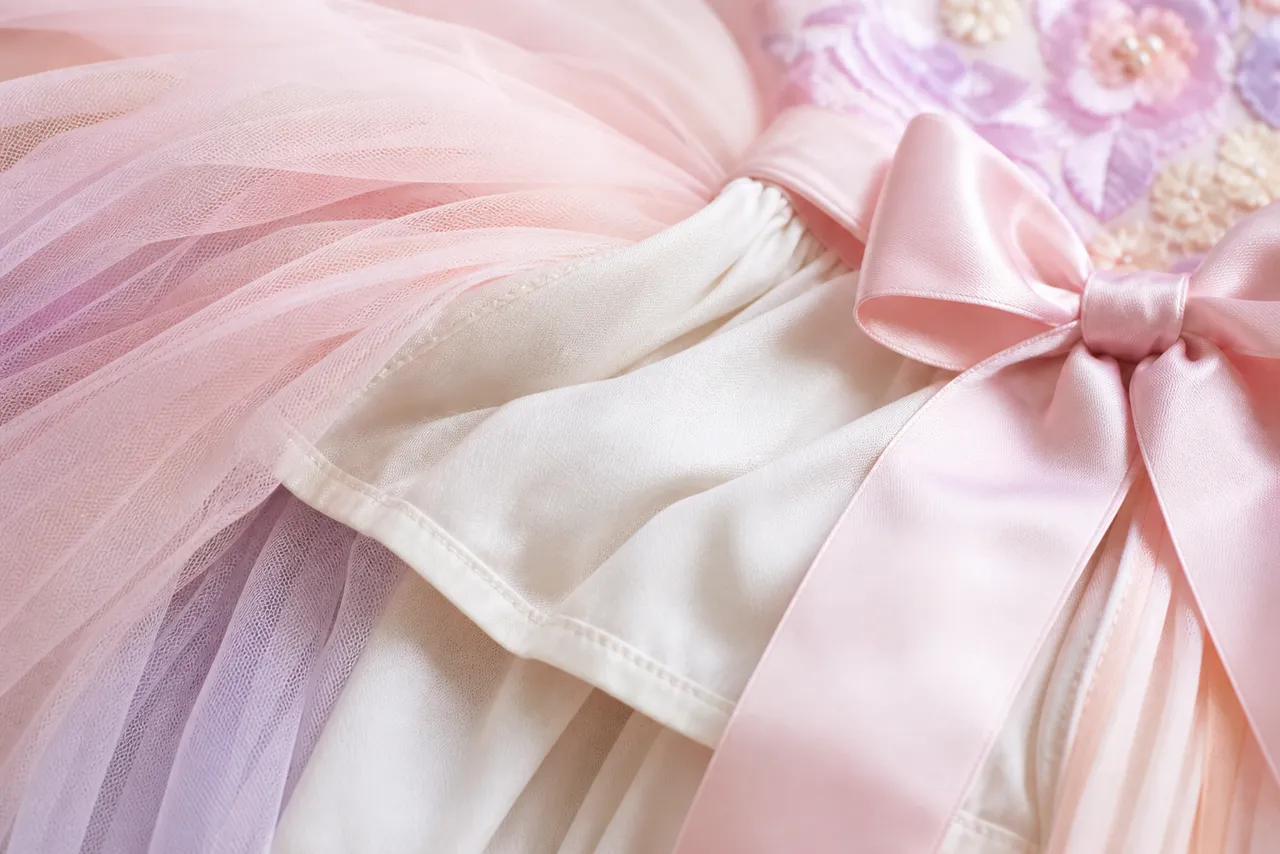 Detalhes de tule, forro, laço e costura confortável de vestido infantil para festa