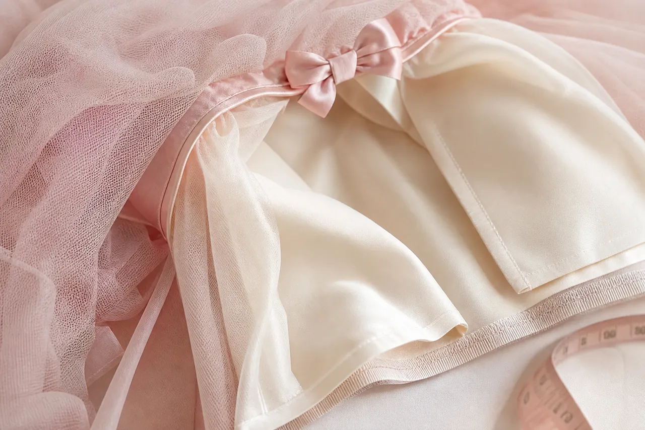 Detalhes de tule, forro, laço e costura confortável de vestido infantil para festa