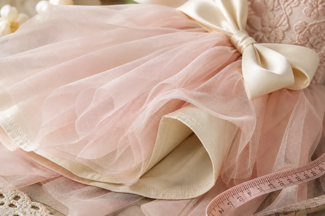 Detalhes de tule, forro, laço e costura confortável de vestido infantil para festa