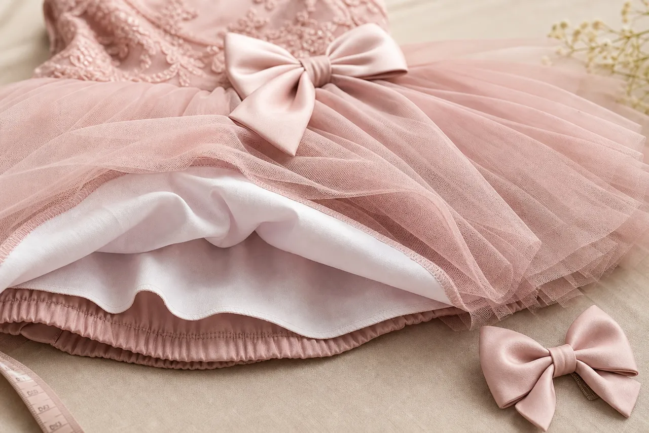 Detalhes de tule, forro, laço e costura confortável de vestido infantil para festa