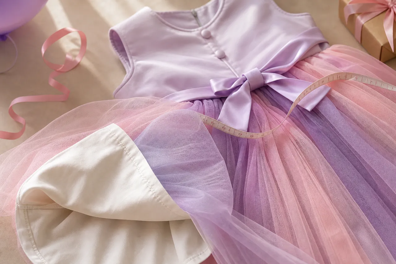 Detalhes de tule, forro, laço, costura e fita métrica de vestido infantil para aniversário
