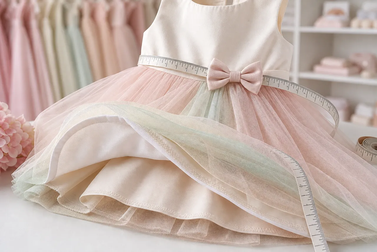 Detalhes de tule, forro, laço, costura e fita métrica de vestido infantil para aniversário