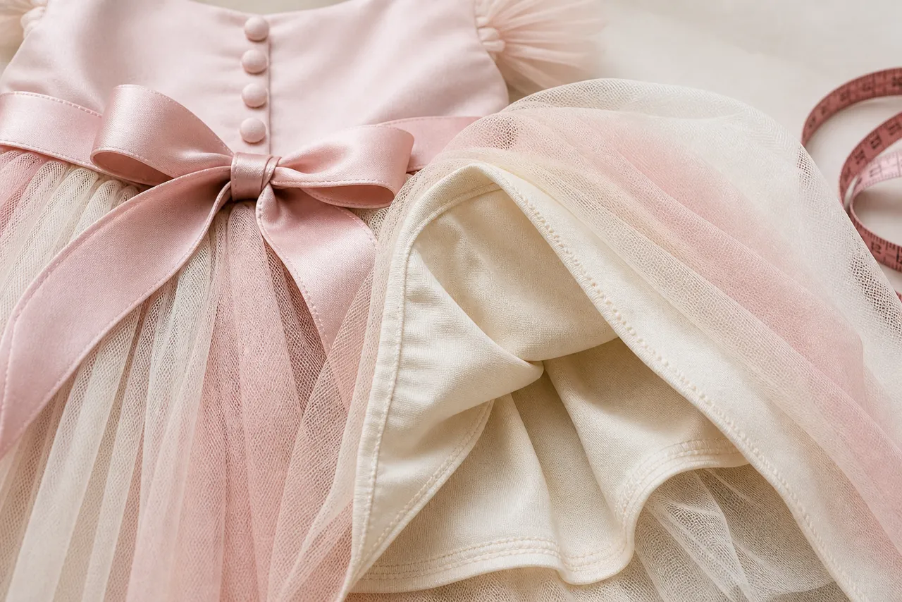 Detalhe de tule, forro macio, botões, laço e fita métrica de vestido infantil para festa