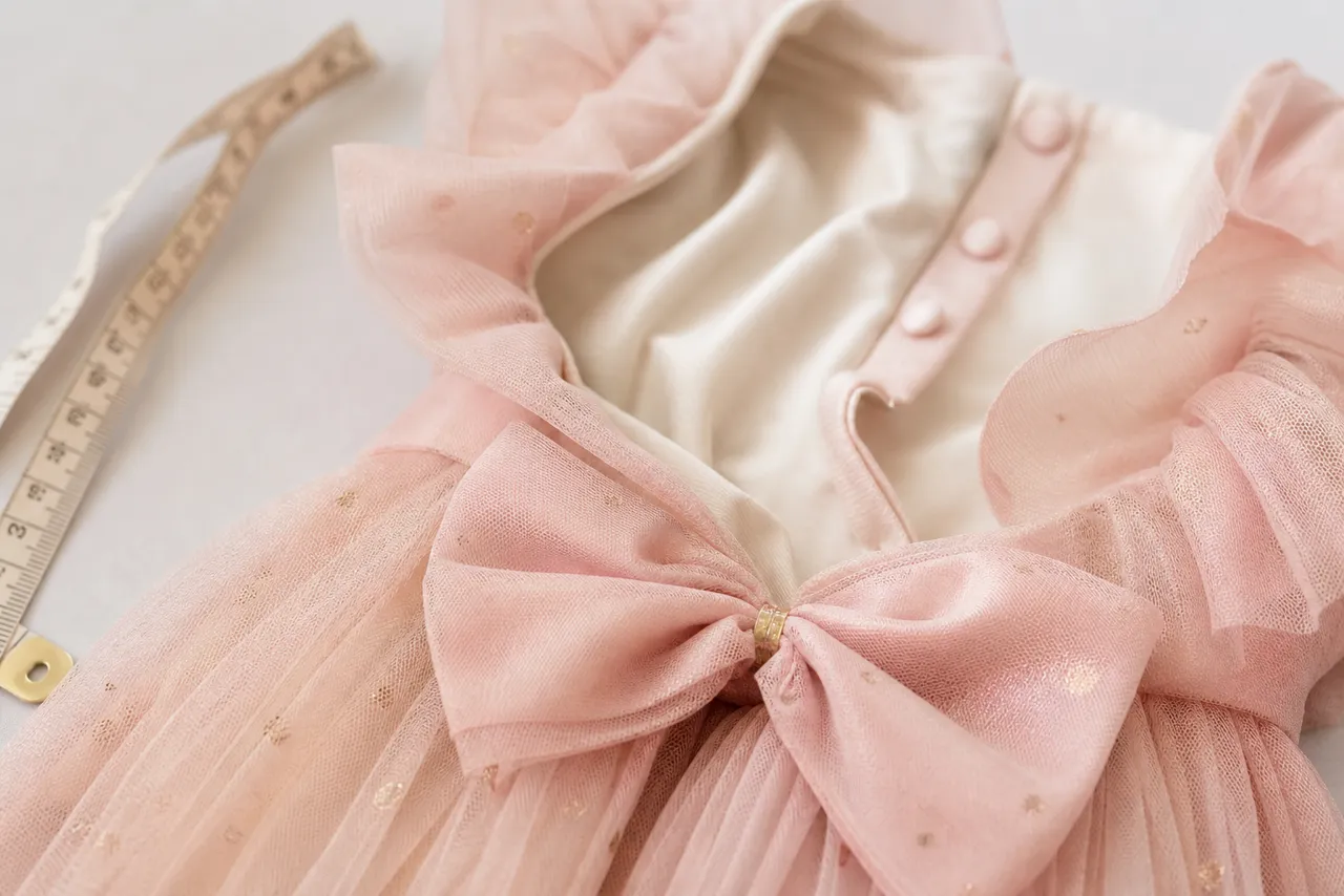 Detalhe de tule, forro macio, botões, laço e fita métrica de vestido infantil para festa