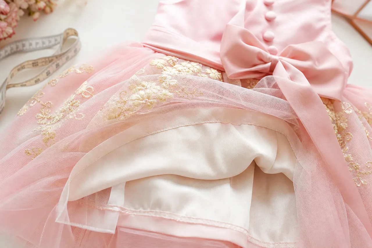 Detalhe de tule, forro macio, botões, laço e fita métrica de vestido infantil para festa