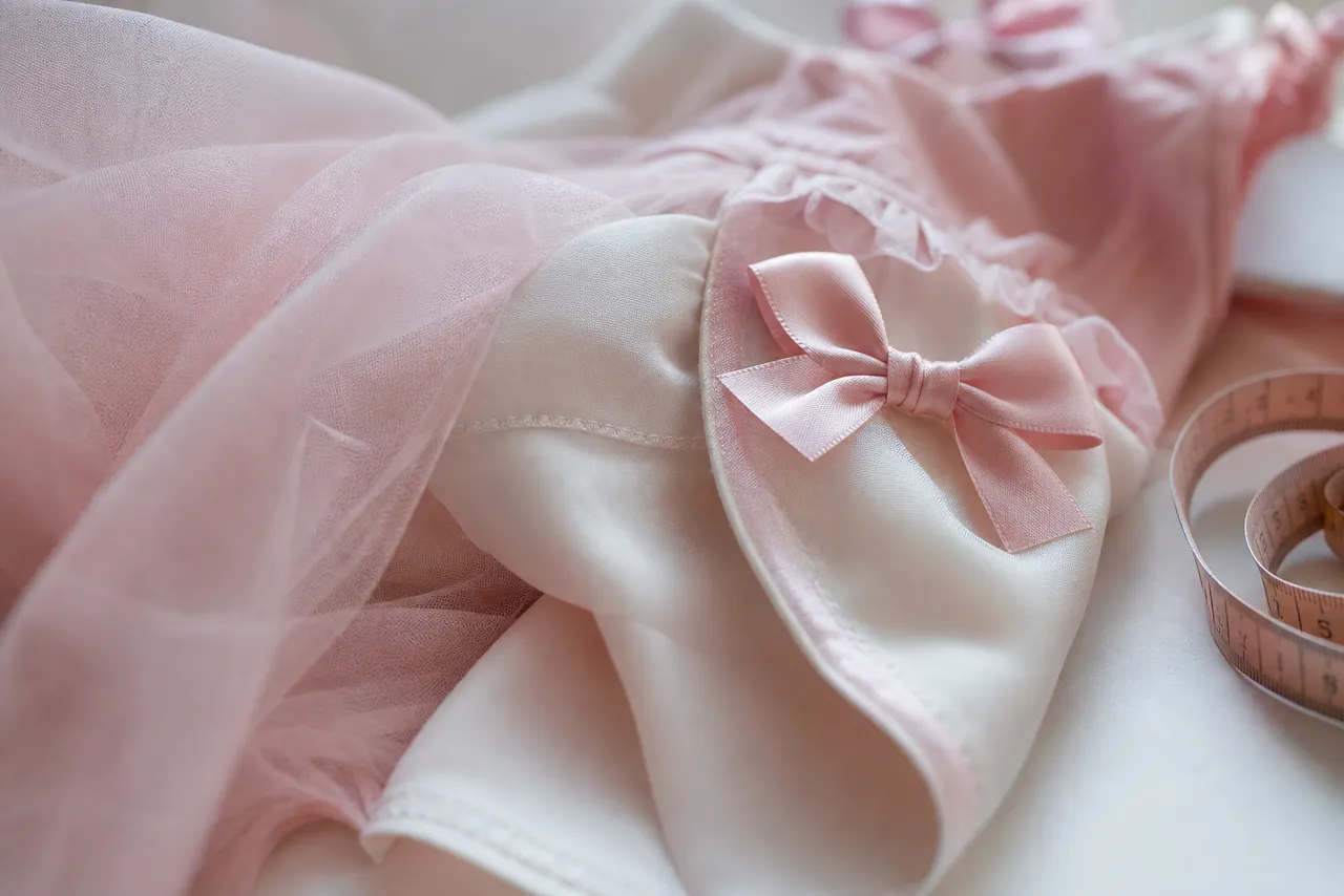 Detalhe de tule, forro macio, laço, costura e fita métrica de vestido infantil para festa
