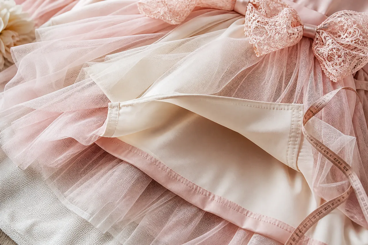 Detalhe de tule, forro macio, costura e laço de vestido infantil para festa