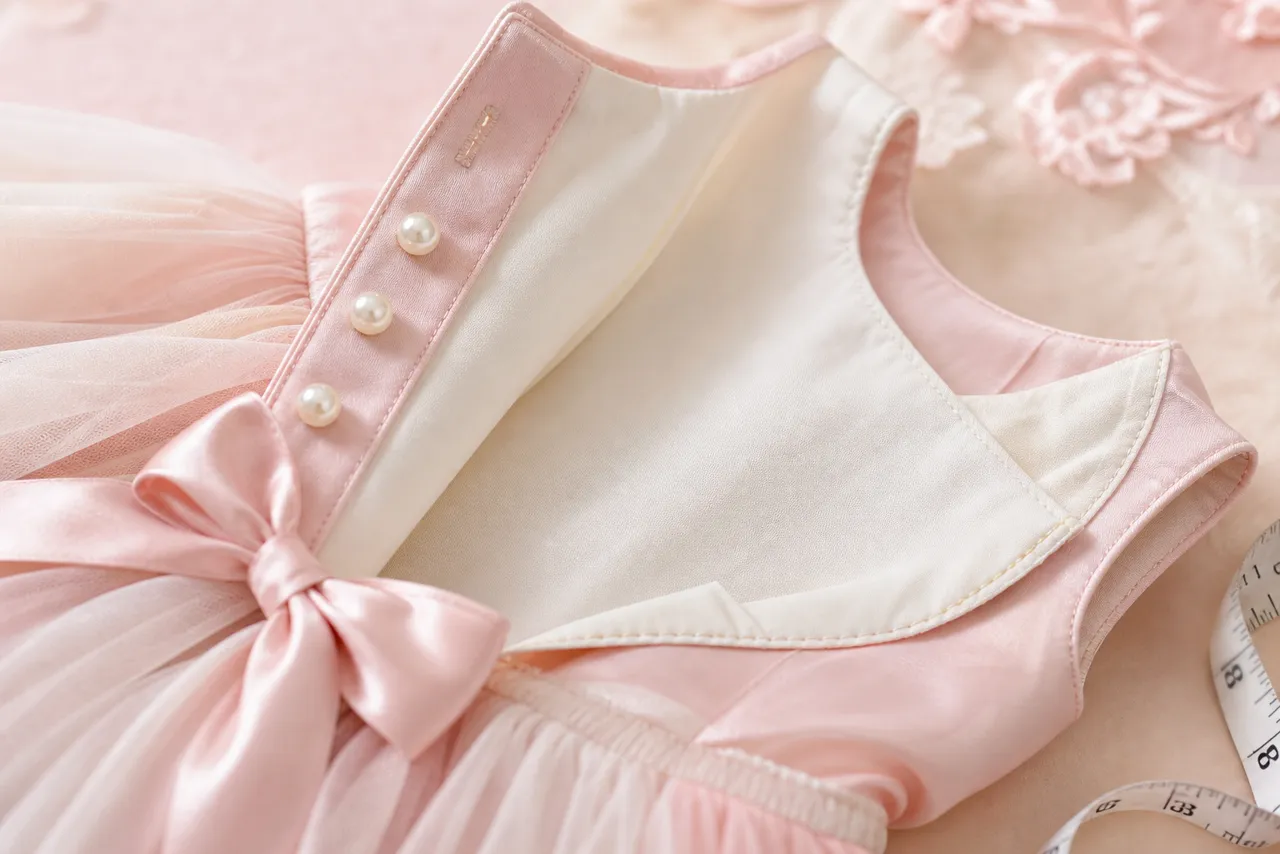Detalhe de tule, forro macio, botões, laço e fita métrica de vestido infantil para festa