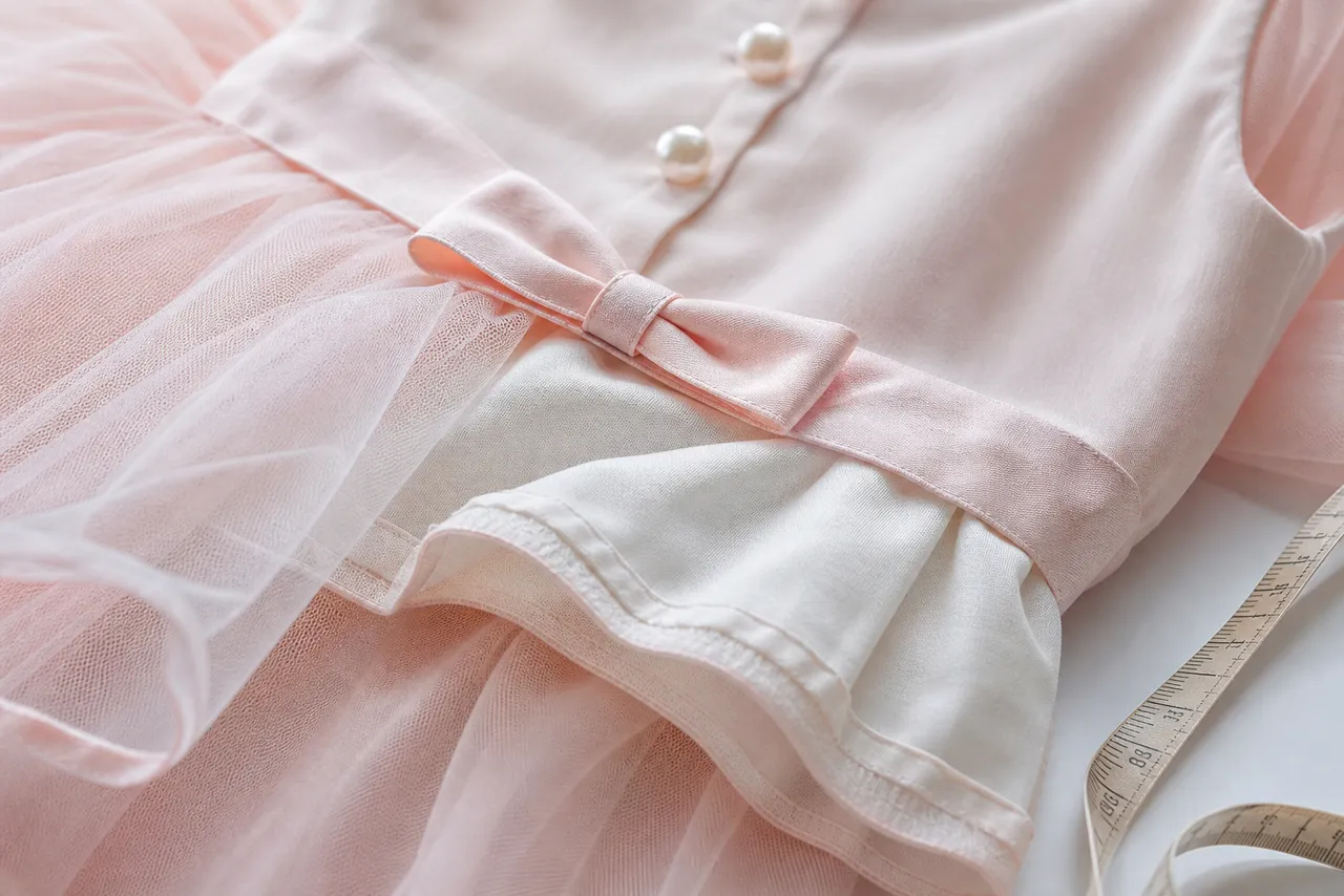 Detalhe de tule, forro macio, laço, costura e fita métrica de vestido infantil para festa