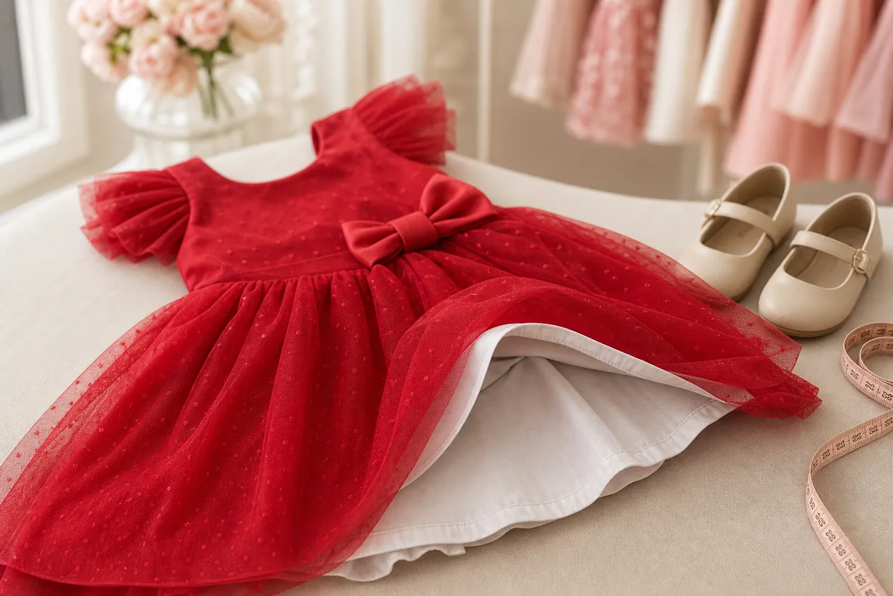 Detalhe de vestido infantil vermelho com tule, forro, laço, sapatilha e fita métrica para avaliar conforto e medidas