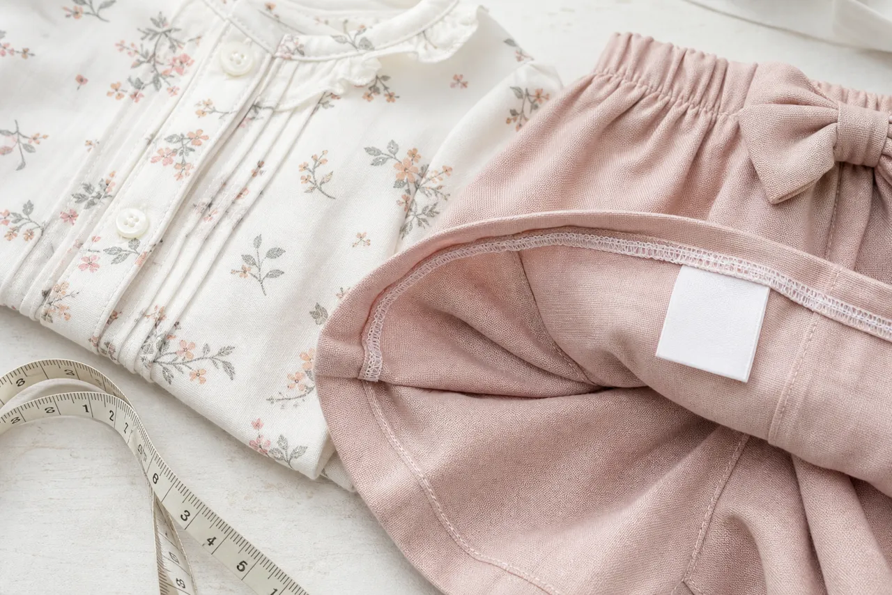 Detalhes de tecido macio, botões, elástico, costura e medida de conjunto infantil feminino