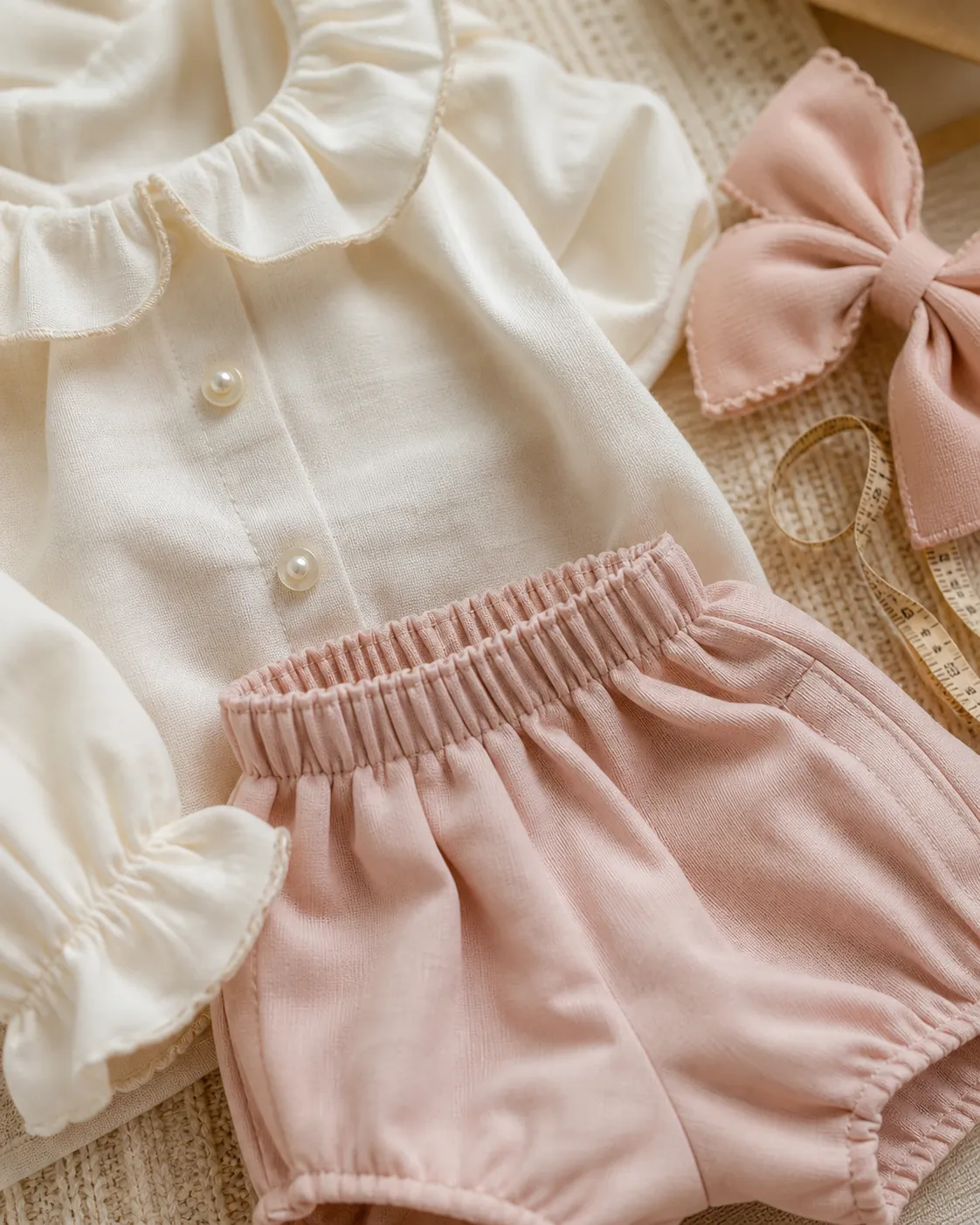 Detalhes de tecido macio, botões, elástico, costura e medida de conjunto infantil feminino