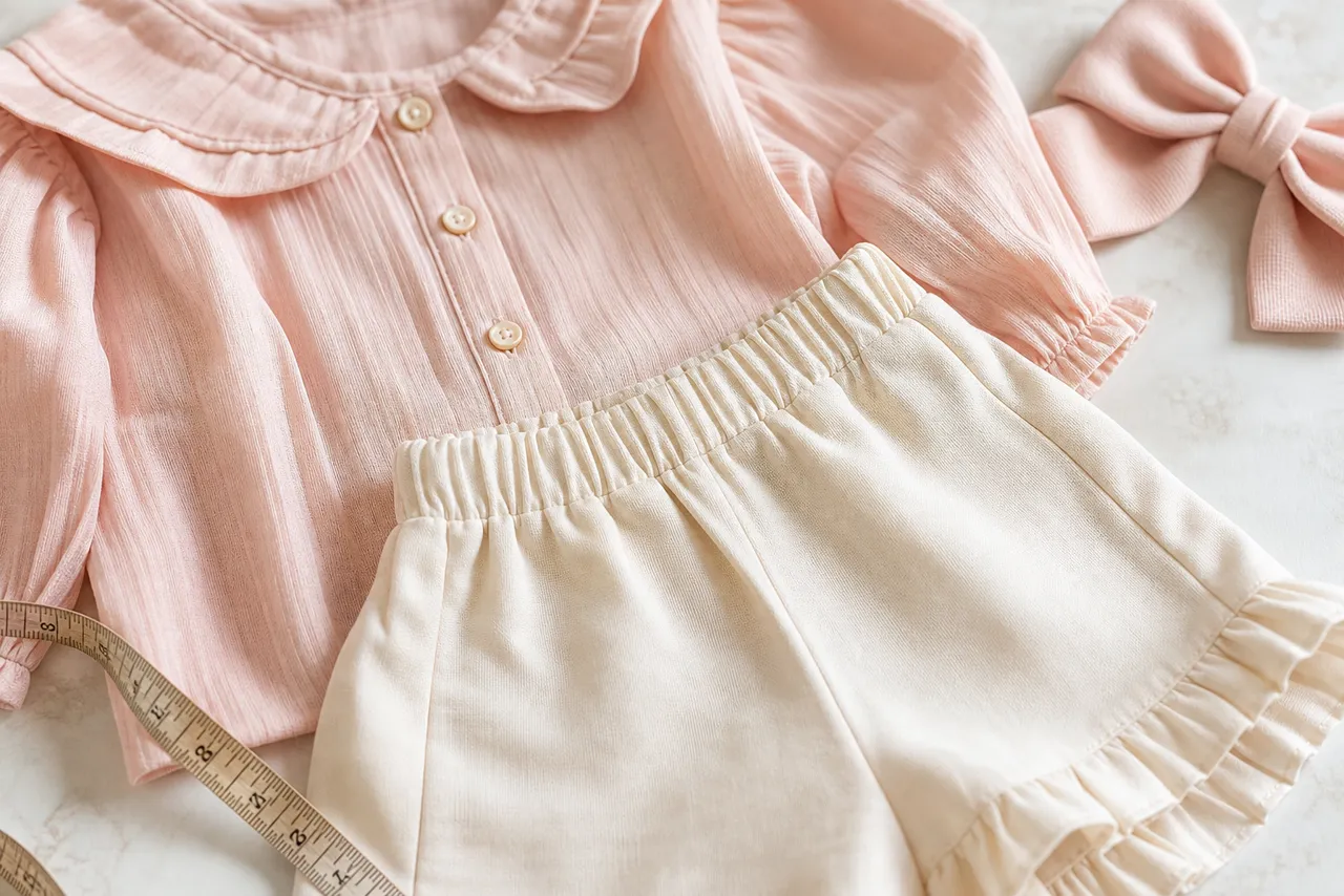 Detalhes de tecido macio, botões, elástico, costura e medida de conjunto infantil feminino