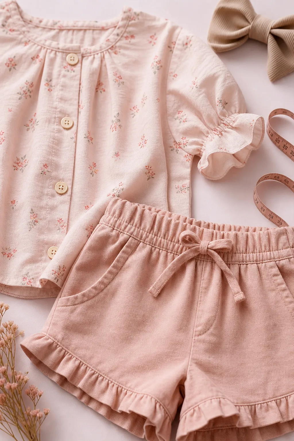 Detalhes de tecido macio, botões, elástico, costura e medida de conjunto infantil feminino