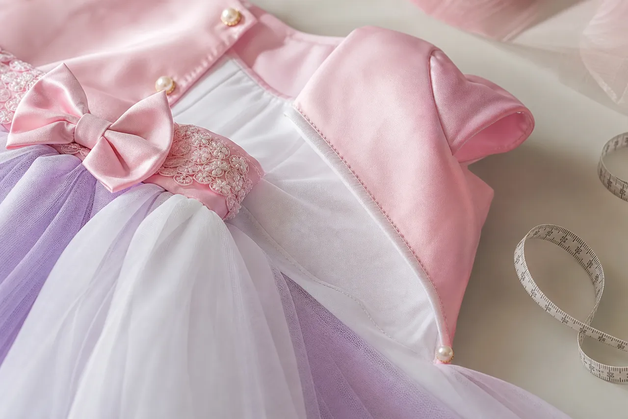 Detalhe de vestido infantil de aniversário com tecido, forro, costura, fita métrica, sapatilha e laço