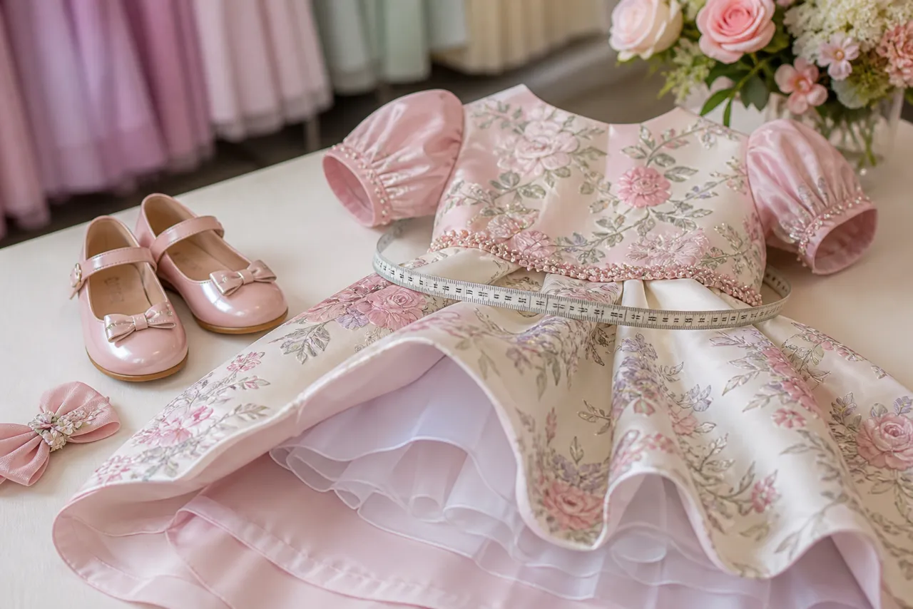 Detalhe de vestido infantil de aniversário com tecido, forro, costura, fita métrica, sapatilha e laço