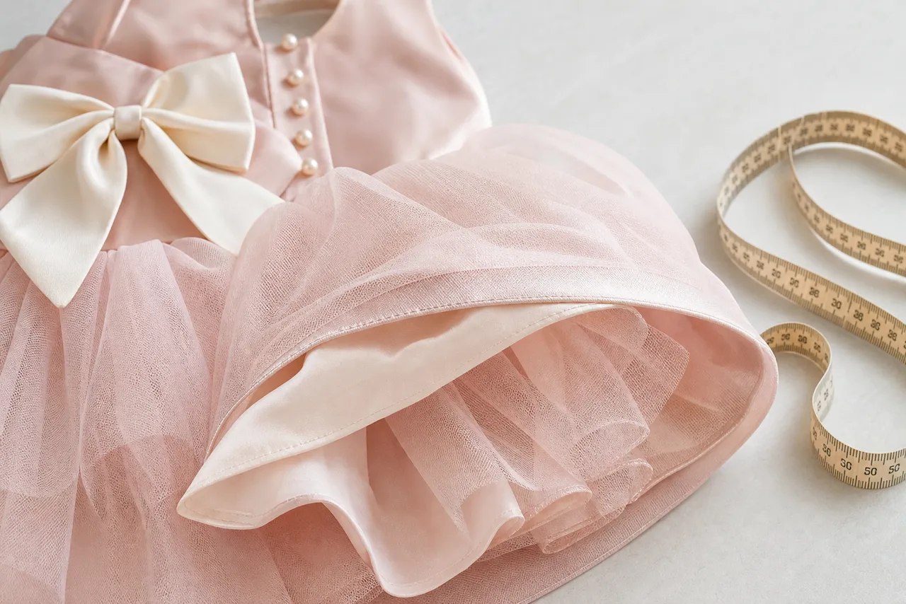 Detalhe de tule, forro, botões, laço e fita métrica em vestido infantil de festa