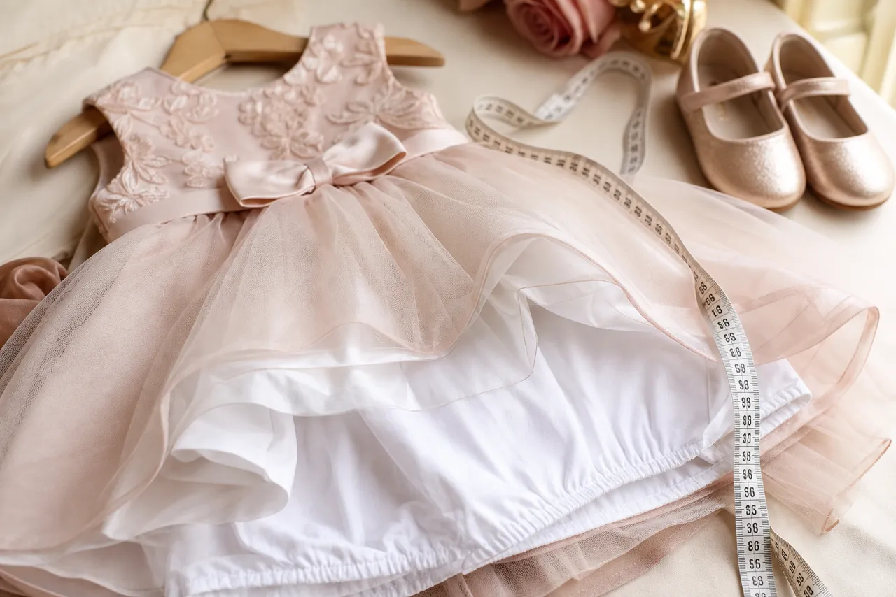 Detalhes de tule, forro macio, laço, sapatinhos e fita métrica de vestido infantil para festa