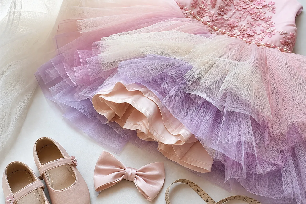 Detalhes de tule, forro, laço, sapatinho e fita métrica de vestido infantil para festa