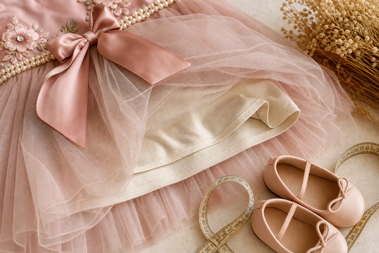 Detalhes de tule, forro macio, laço, sapatinhos e fita métrica de vestido infantil para festa