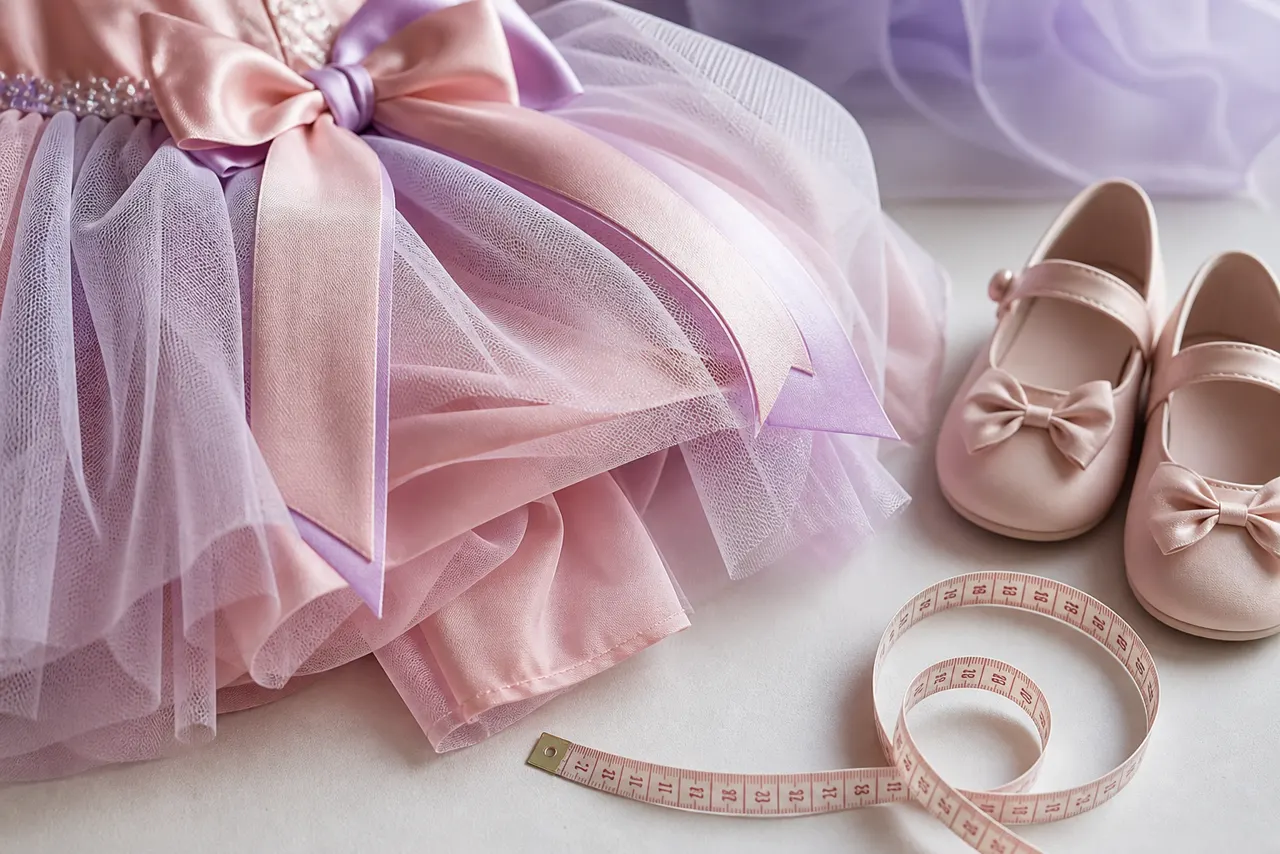 Tule, forro, laço, sapatinho infantil e fita métrica para planejar vestido infantil de festa confortável