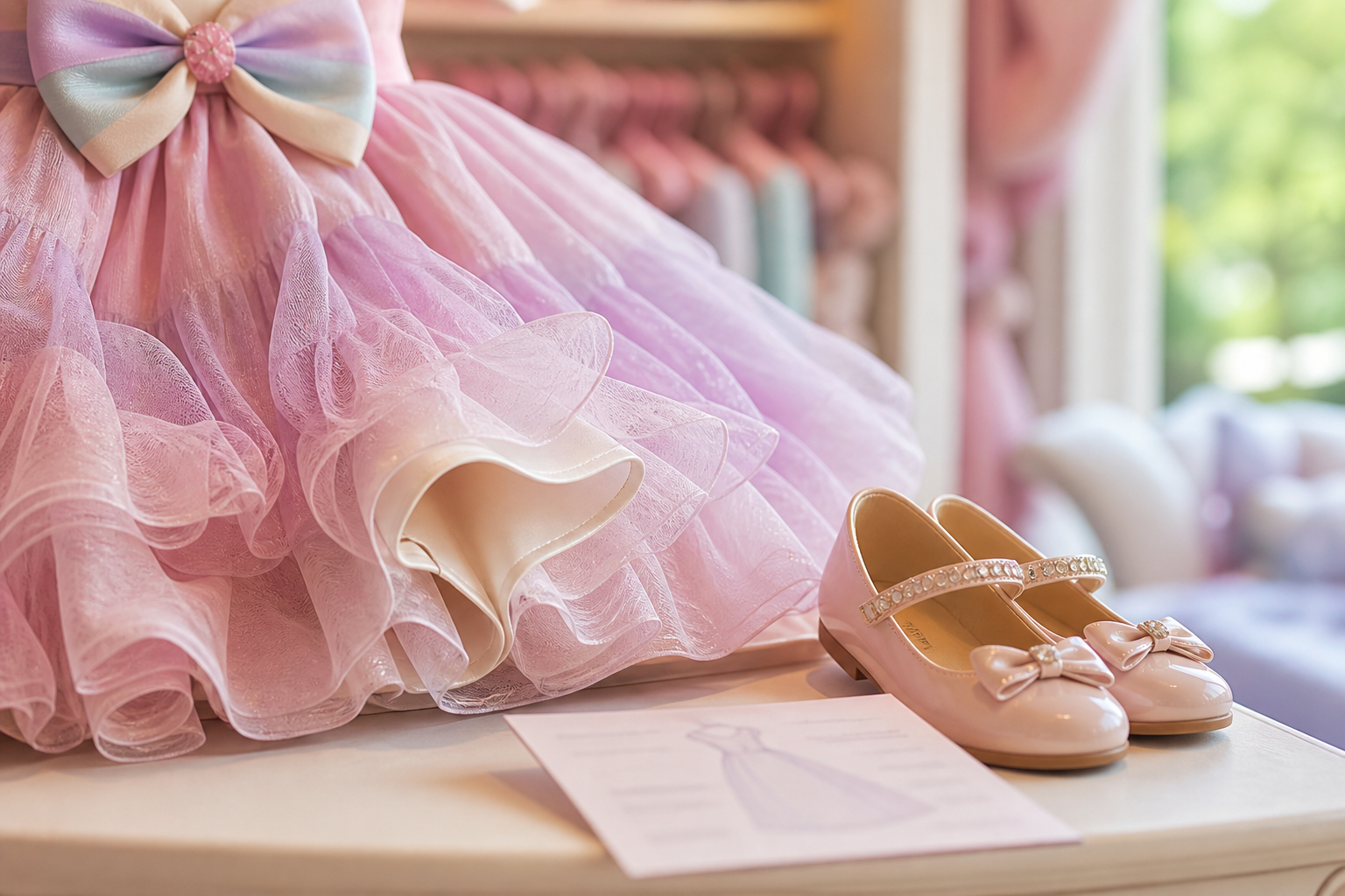 Detalhes de tule, forro, laço e sapato infantil para planejar vestido de festa com conforto