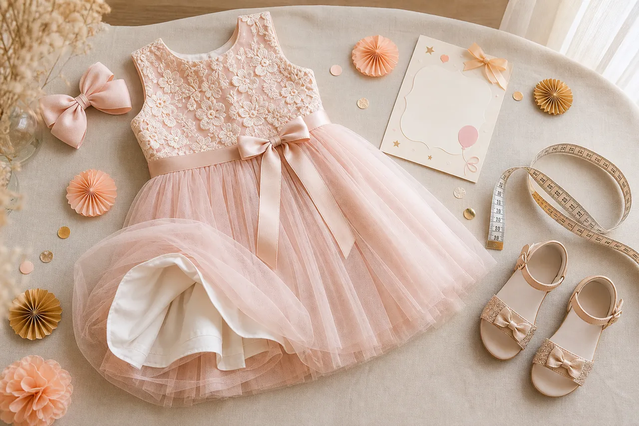 Vestido infantil rosa de tule com forro, laço, sandália e fita métrica para escolher tamanho