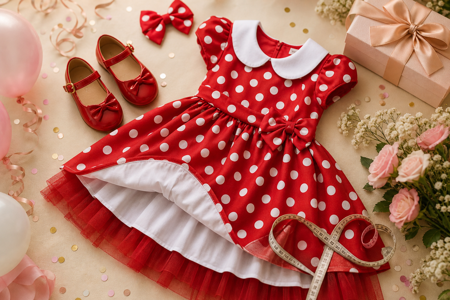 Detalhe de vestido infantil vermelho de poá com forro, sapatinho, laço, fita métrica e acessórios para festa infantil