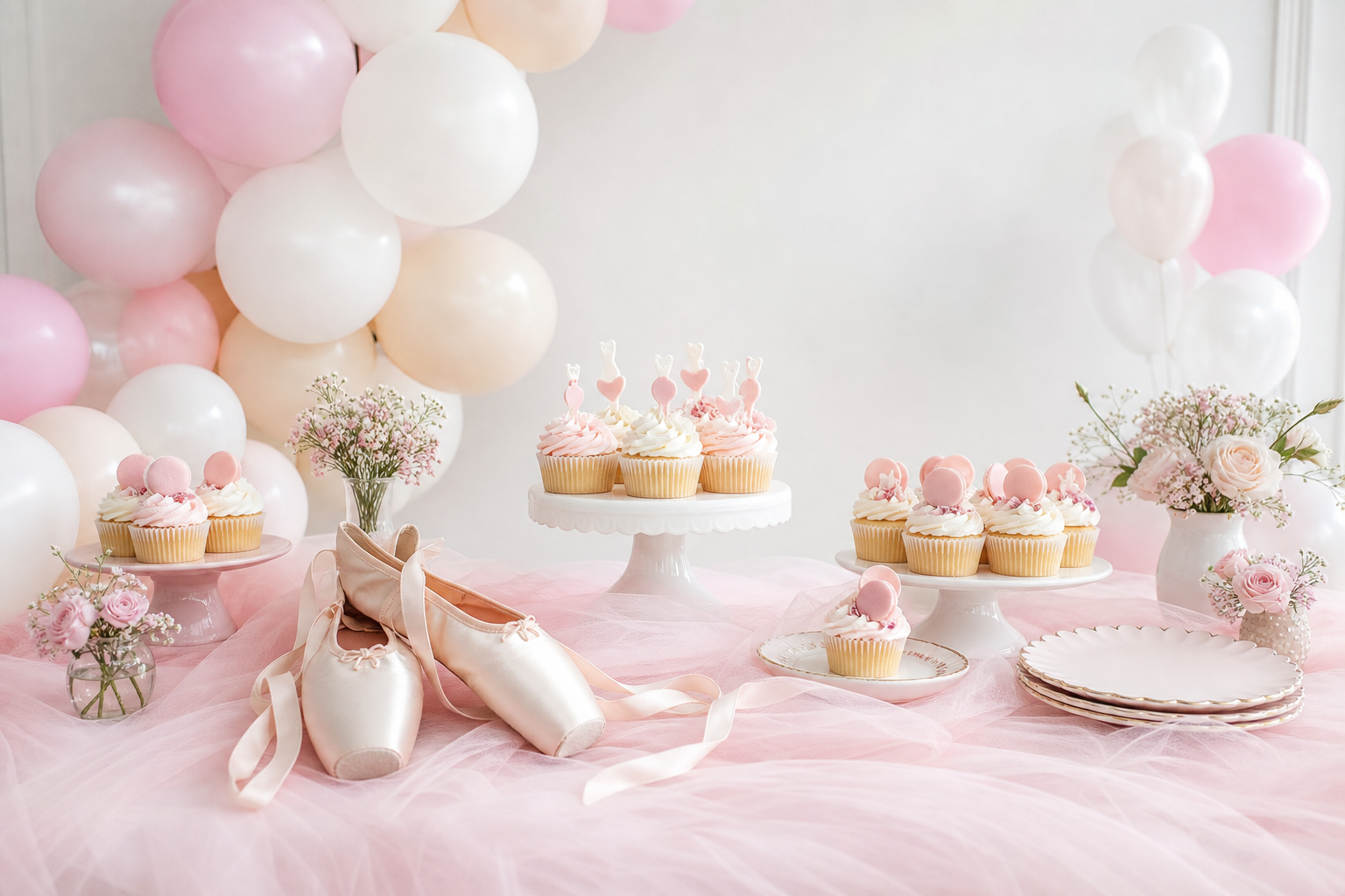 Mesa de festa bailarina infantil com balões rosa, cupcakes, flores, tule e sapatilhas de ballet decorativas