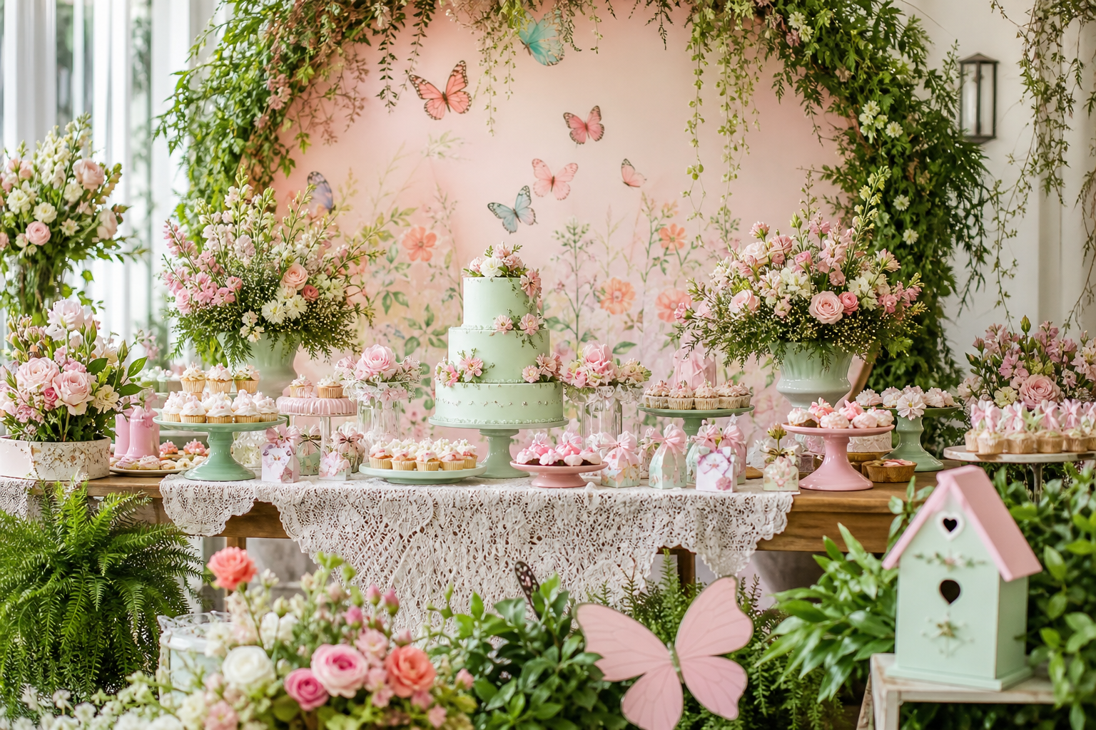 Mesa de festa Jardim Encantado infantil com flores, borboletas, folhagens, bolo e doces em tons pastel