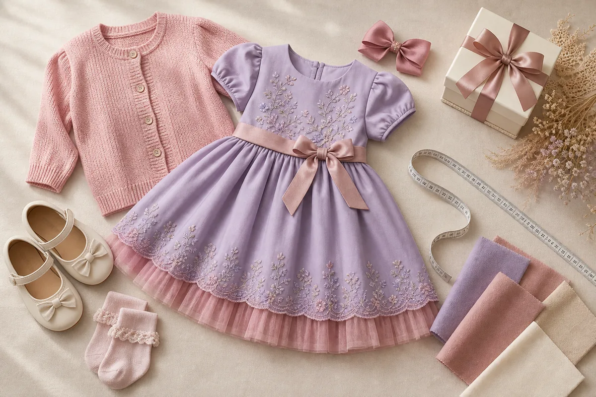 Vestido infantil lilás com casaquinho, laço, sapato, meia e fita métrica para conferir tamanho