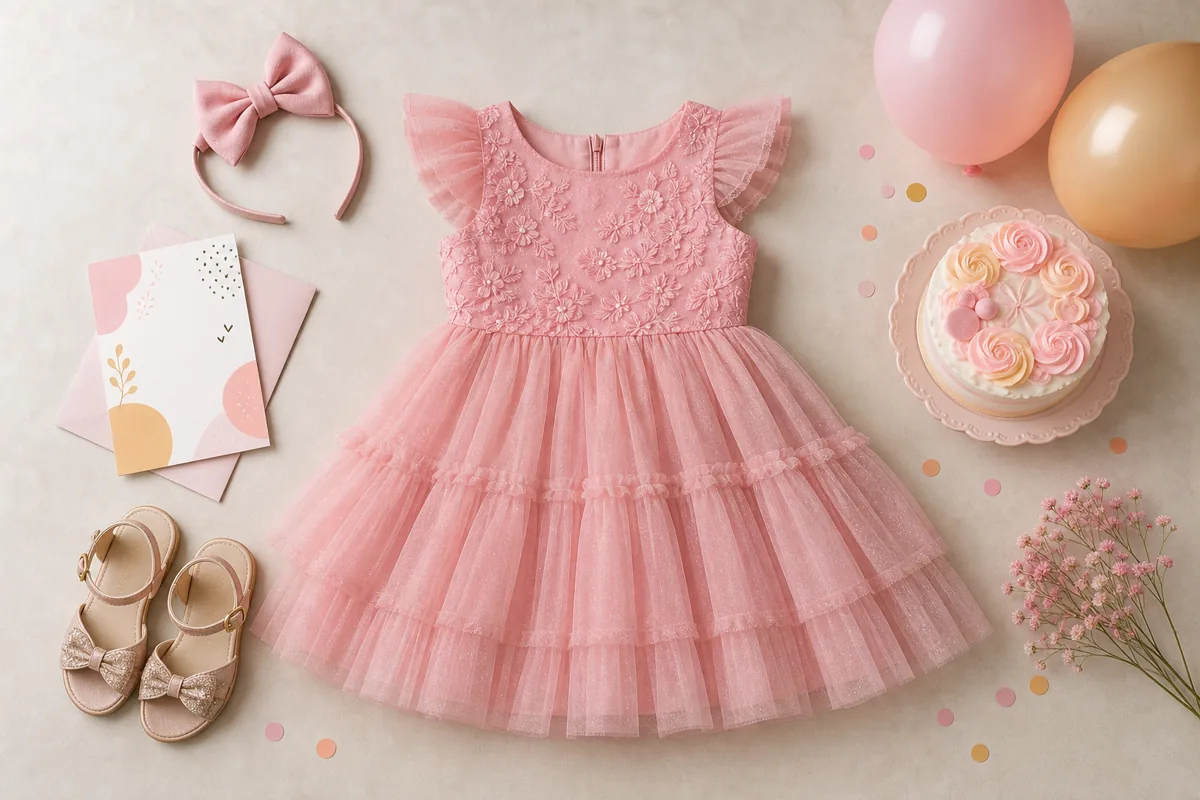 Vestido infantil rosa de tule com laço, sandálias, bolo e balões para aniversário infantil