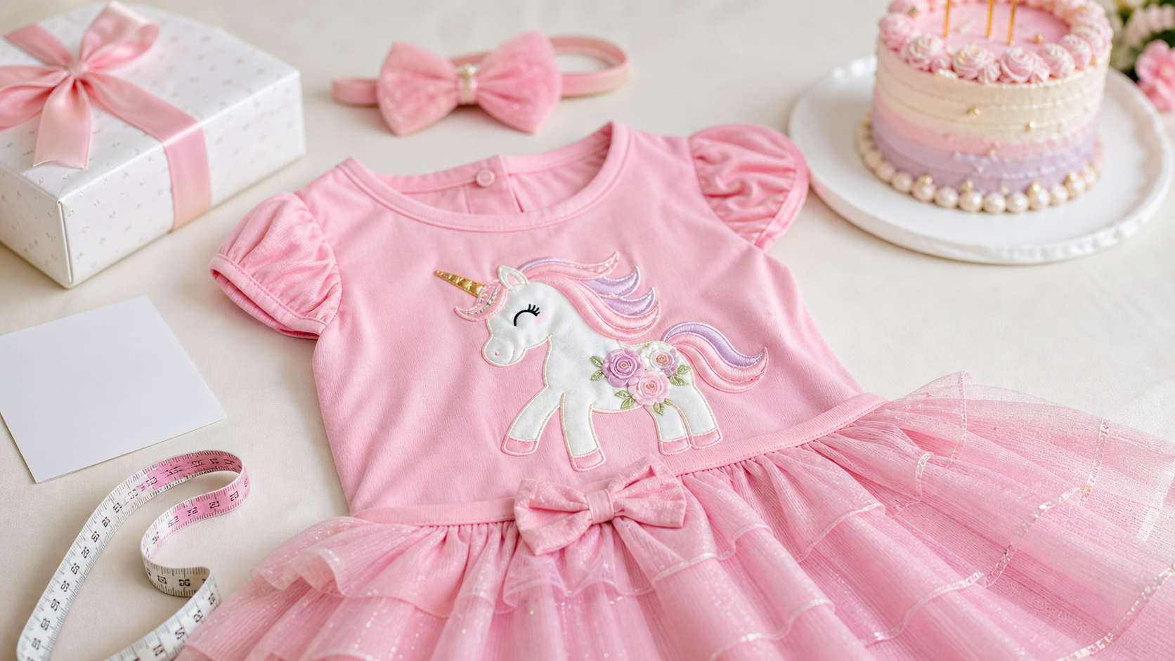 Conjunto infantil rosa tema unicórnio com bolo, laço, presente e fita métrica para aniversário infantil