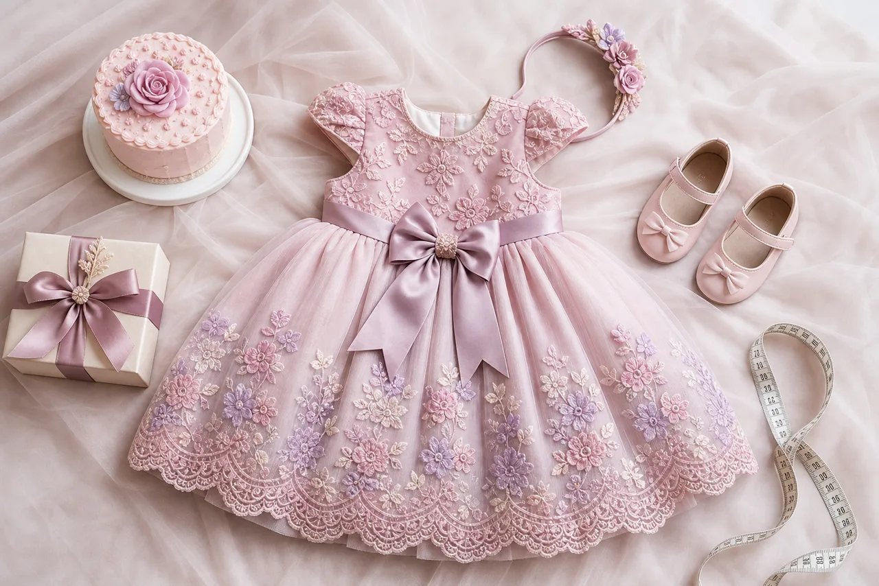 Vestido infantil rosa para aniversário com bolo, presente, sapatos, tiara e fita métrica