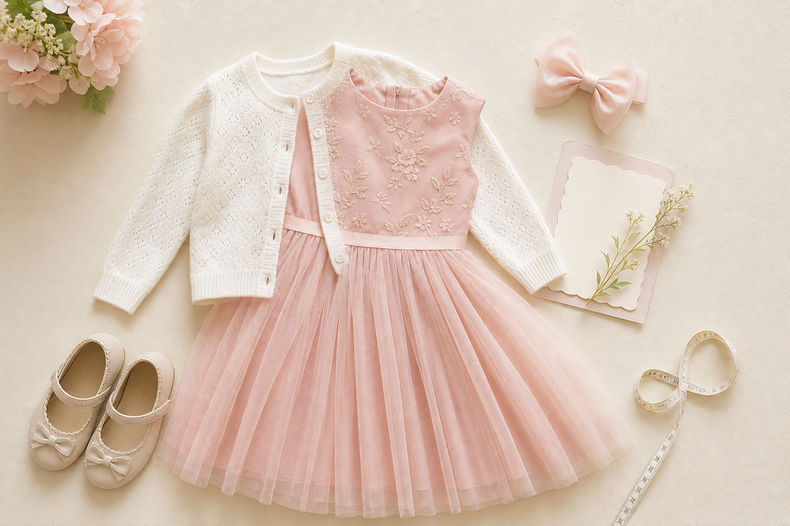Look infantil feminino para aniversário com vestido de tule, cardigan, laço, sapatinhos e fita métrica