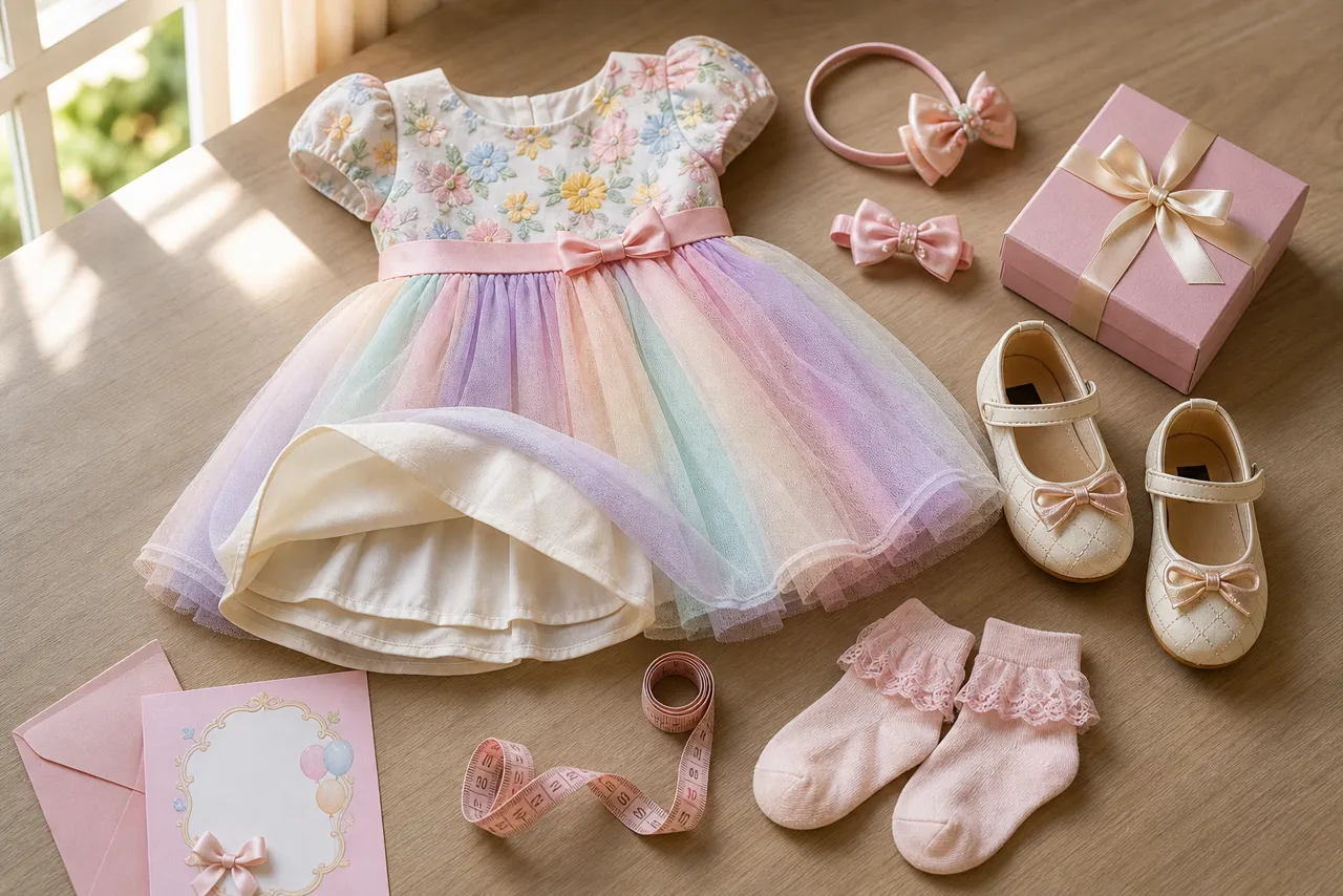 Vestido infantil colorido com tule, sapatinhos, meia, laços, presente e fita métrica para aniversário