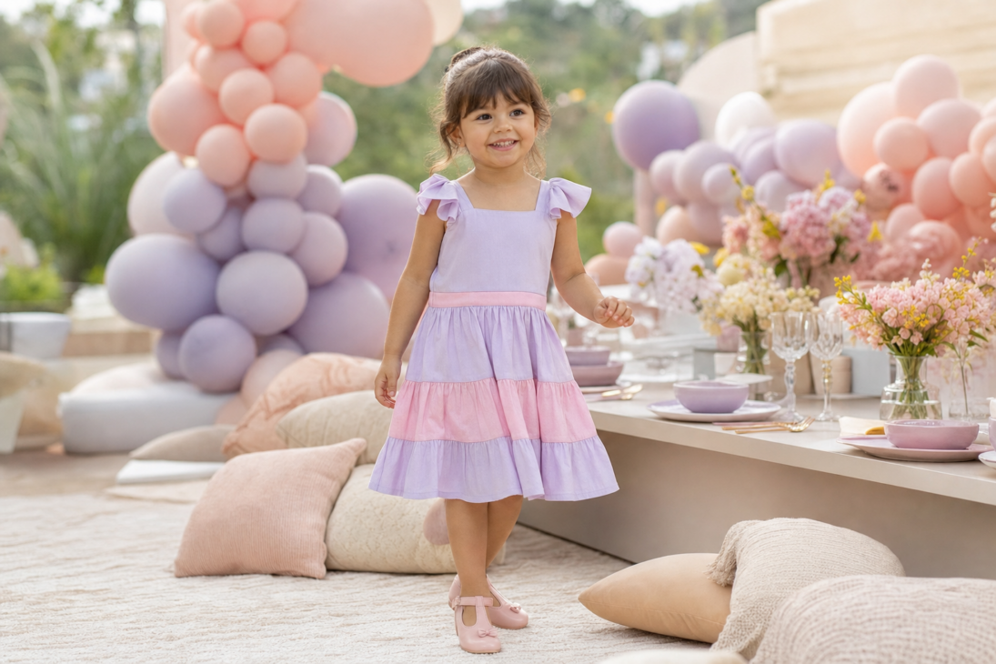 Menina com look infantil feminino rosa e lilás em festa de aniversário no Parque Flamboyant, Goiânia