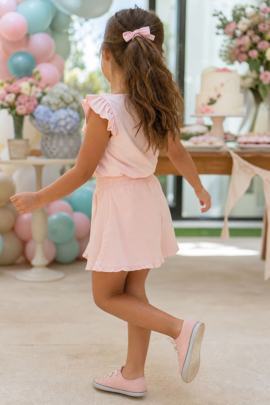 Menina de costas usando look infantil rosa em festa de aniversário com balões e mesa decorada