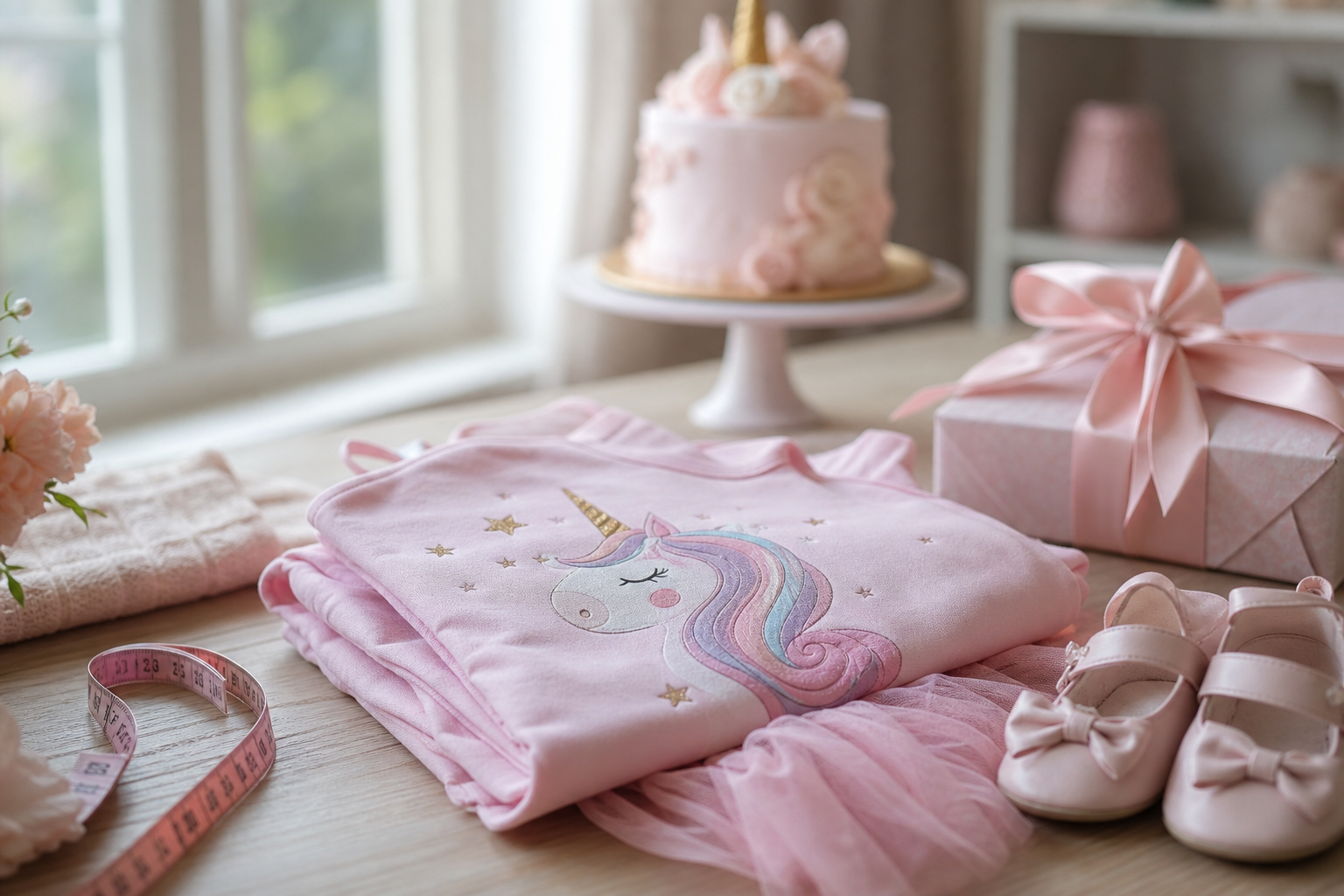 Conjunto infantil rosa tema unicórnio com bolo, presente, sapatinho e fita métrica para aniversário infantil