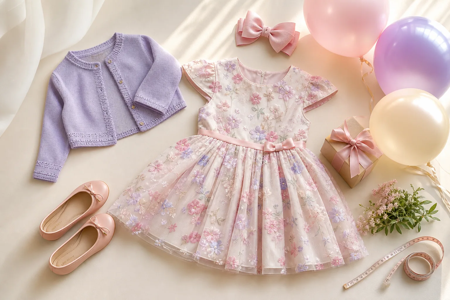 Look infantil feminino para aniversário com vestido floral, cardigan, sapatilhas, balões, laço e fita métrica para conferir tamanho