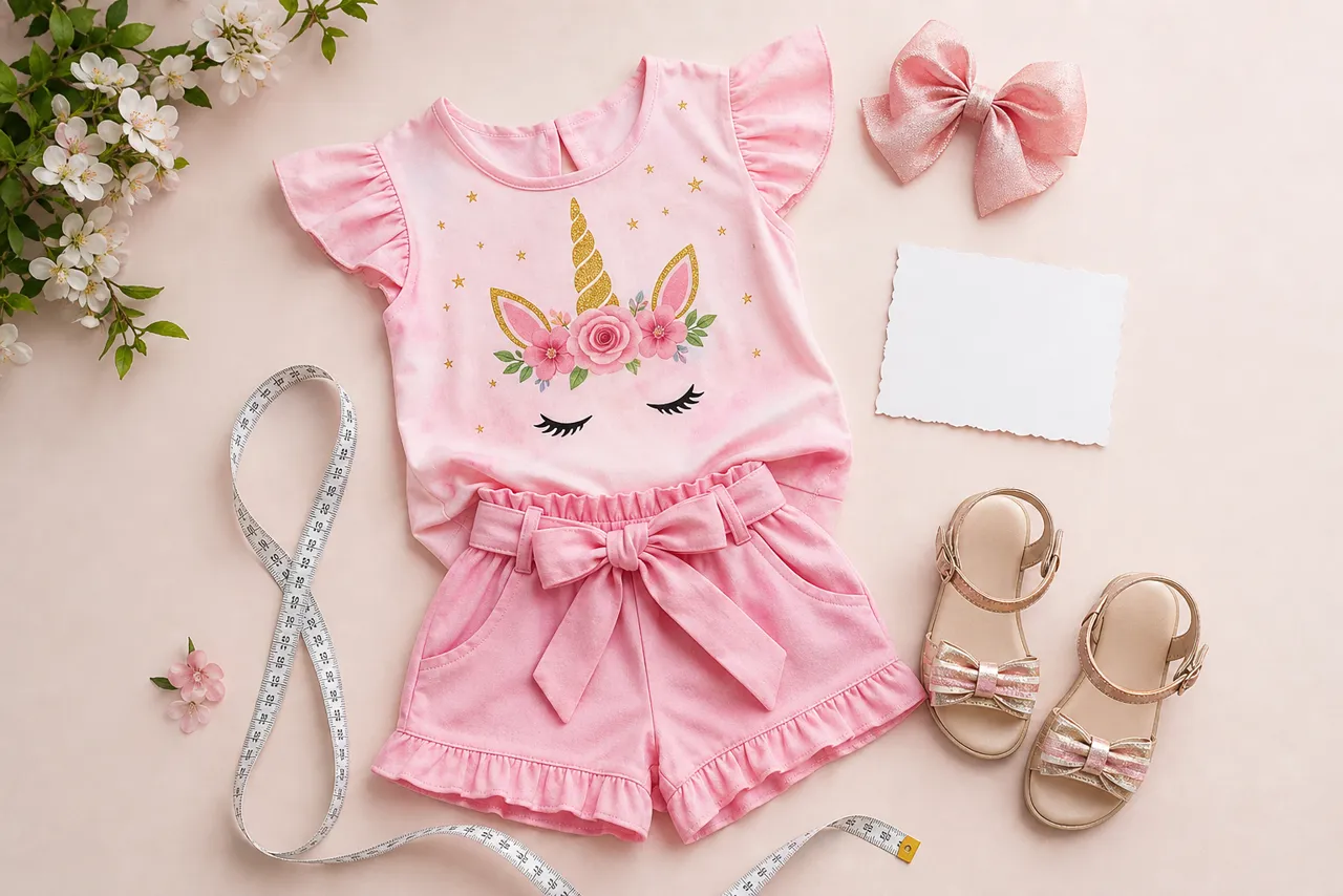 Conjunto infantil feminino rosa com tema unicórnio, laço, sandálias e fita métrica para look de aniversário no Vila Nova, Goiânia