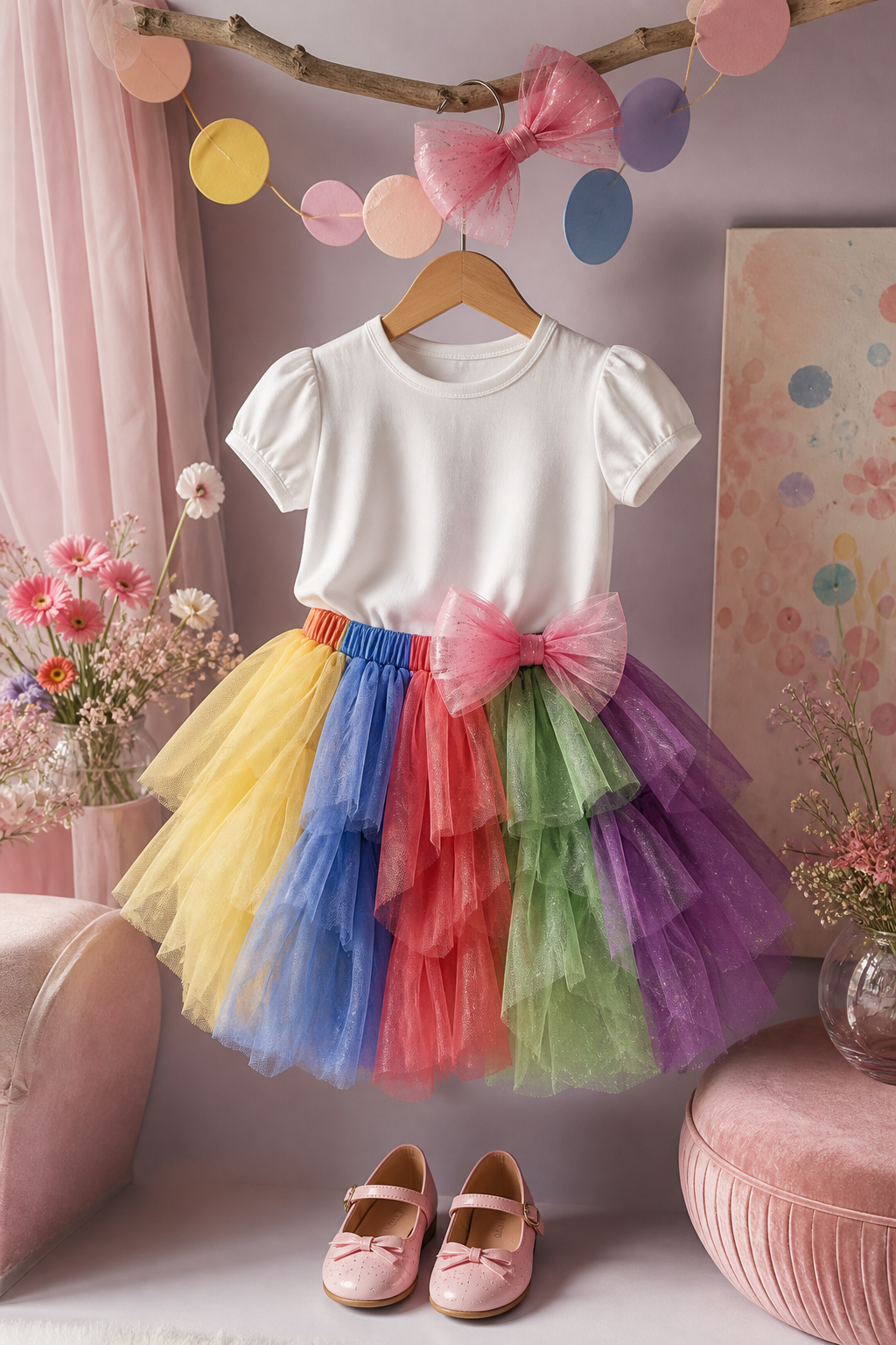 Look infantil colorido em cabide com saia de tule em amarelo, azul, vermelho, verde e roxo